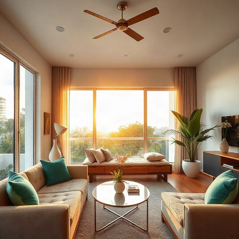 Sala de estar iluminada de apartamento em Salvador com detalhes em verde esmeralda