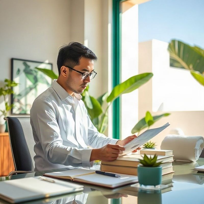 Consultor imobiliário analisando documentos em escritório iluminado em Salvador
